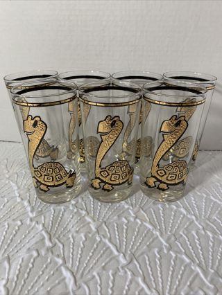 Turtle Vtg Whiskey Glasses Lowball 22k Gold Trim Barware 7piece 1960 
