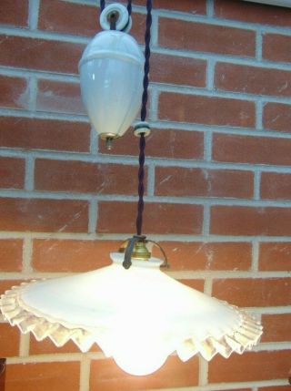 Vintage Art Deco French Rise & Fall Pulley Ceiling Light With Frilly Glass Shade