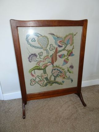 Antique Victorian 19th Century Oak Framed Needlework Embroidery Fire Screen