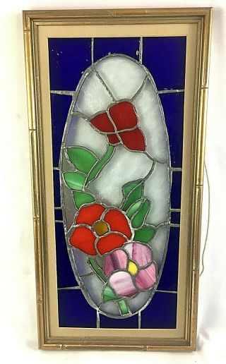 Vintage Stained Glass Framed Hanging Window Panel Floral 10 " X 20 "