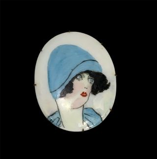 Vintage Art Deco Flapper Brooch Hand Painted Portrait Porcelain Pin