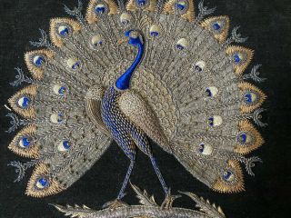 Vintage Antique Asian Metallic Embroidered Peacock On Black Velveteen Ww374