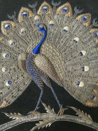 Vintage Antique Asian Metallic Embroidered Peacock on Black Velveteen WW374 3