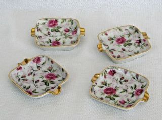 Individual Porcelain Ashtrays - Pink Roses Gold Trim - Set Of 4 - Elegant