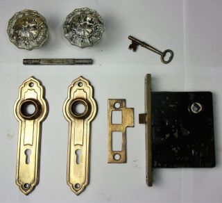 Antique Vintage Hardware Set Glass Door Knob Art Deco Backplate Mortise Lock Key