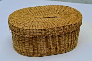 Small Vintage Hand Woven Sweetgrass Lidded Oval Basket Trinket Box 6 1/2 "
