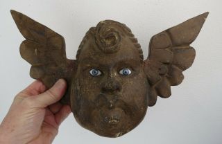 Antique Hand Carved Wooden Angel Cherub Bust Wall Hanging Folk Art Glass Eyes