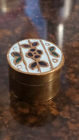 Tiny Vintage Brass & Enamel Round Pill Box With Floral Design