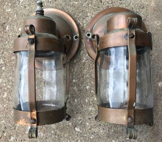 Vtg 2 Pair Nautical Brass & Copper Wall Light Fixture Sconce Jar Shade