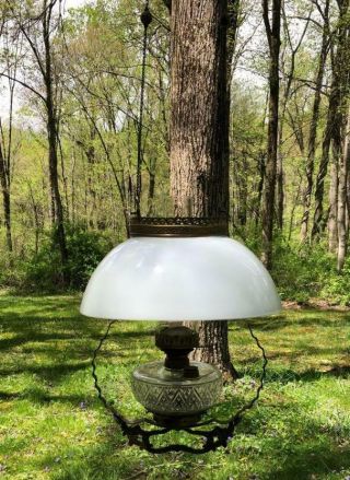 Antique Milk Glass Shade Victorian Hanging Oil Library Parlor Lamp Light