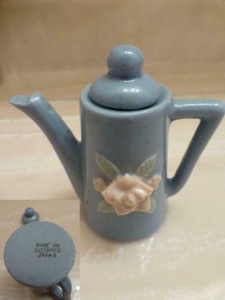 Collectible Occupied Japan Miniature Blue Porcelain Teapot With Pink Flower