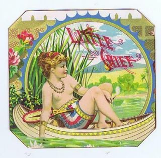 Little Chief Woman In Canoe O.  L.  Schwencke Outer Cigar Box Label 1890 