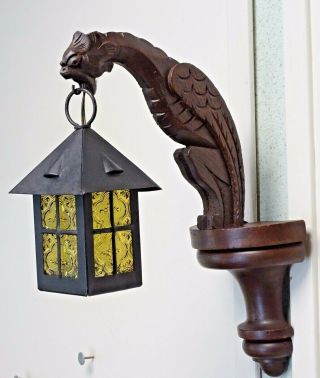 Antique French Wood Carved Gothic Gargoyle Wall Sconce Griffin Chimera