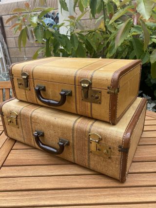 Vintage Tweed Striped Suitcase Black Handle 1930s 1940s Antique Luggage Decor