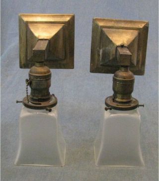 Set Of 2 Brass Mission Art Craft Wall Sconce Light Fixture Pat.  1910 With Shades