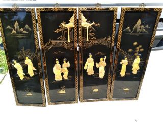 4 Vintage Asian Black Lacquer Mother Of Pearl Wall Panels Art Asian Geisha Women