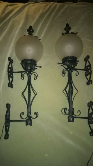 2 Metal Gothic Spanish Revival Wall Sconce Lamp Satin Glass Vintage Huge Pair