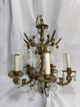 Vintage 5 Arm Ornate Brass Crystal Chandelier For Refurbishing 17 " Tall 14 " Diam