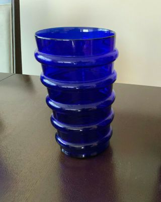 Vintage Royal Cobalt Blue Glass Ribbed Vases Flared 8.  5 " Tall