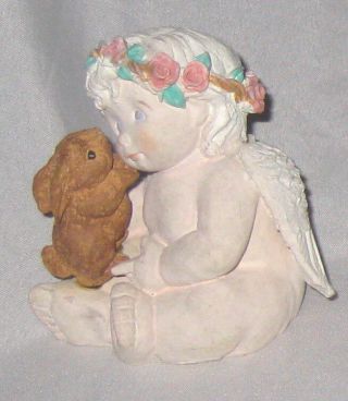 White 3 " Dreamsicle Bisque Cupid Angel Hugging Bunny Rabbit Figurine