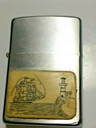 Vintage Zippo Cigarette Lighter Scrimshaw Sail Boat Ship Lighthouse
