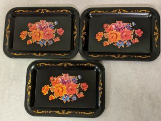 Vintage Set Of Metal Painted 3 Small Trays 3 Orange Floral