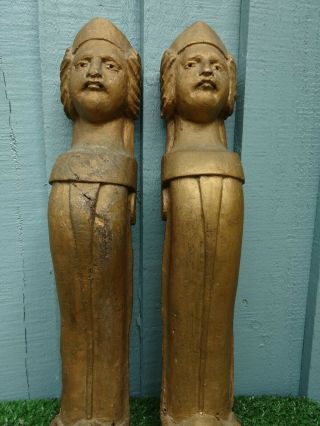 Pair: 19thc Gothic Wooden Oak Carved Caryatids With Male Heads C1880s