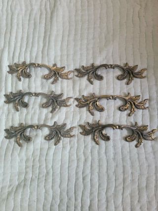 6 Vintage French Provincial Ornate 9 " Drawer Pulls Brass Handles Rare Size