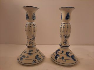 2 Chinese Cobalt Blue And White Porcelain Candle Stick Holders