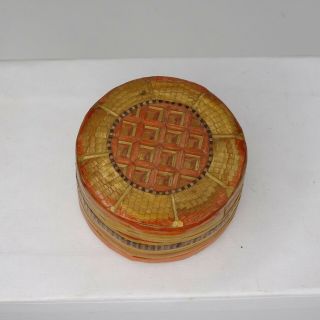 Vintage Wooden Round Pill Box With Lid Geometric Pattern