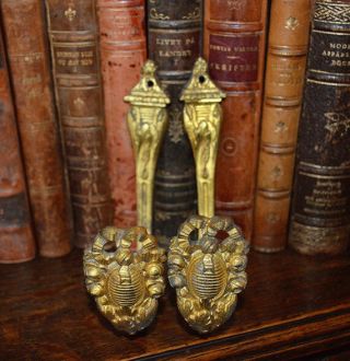 Antique Pair French Drapery Hooks Bronze Ormolu Tie Back Brackets Bow Ribbon