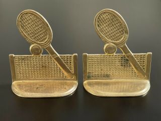 Set Of 2 Vintage Solid Brass Tennis Bookends Racket,  Ball,  Net