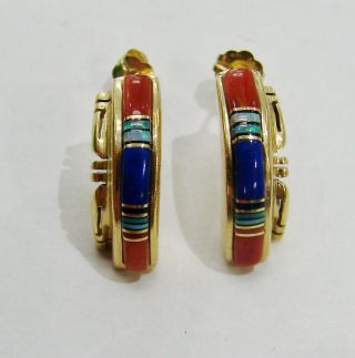 Vintage Native American 14k Yellow Gold Multi - Stone Earrings - Signed Cb - 4.  4g
