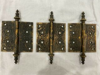 3 Ornate Victorian Antique/vintage Brass Door Hinges With Steeple Tips,  4 " X4 "