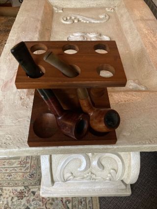 Two Vintage White Star Tobacco Pipes And Wooden Pipe Stand