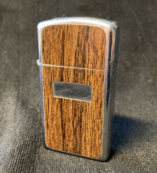 Vintage Zippo Slim Lighter,  Chrome/woodgrain 2 1/4 " X1 1/8 " Shape,  Mfg.  1974