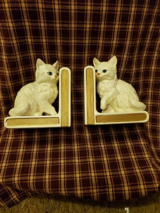 Vintage Lefton White Persian Kitty Cat Kitten With Blue Eyes Bookends Book Ends