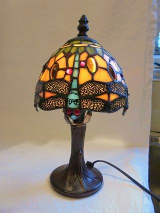 Vintage Tiffany Style Art Nouveau Leaded Stained Glass Dragonfly Table Lamp