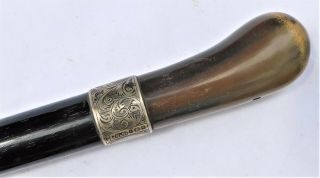 Hm 1926 Silver Ebony & Bovine Horn Cane Walking Stick Vintage Antique
