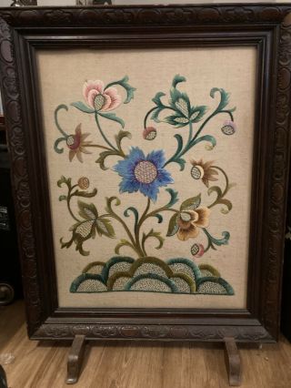 Antique Floral Art Deco Embroidery Fire Place Guard Wood Screen Standing Frame