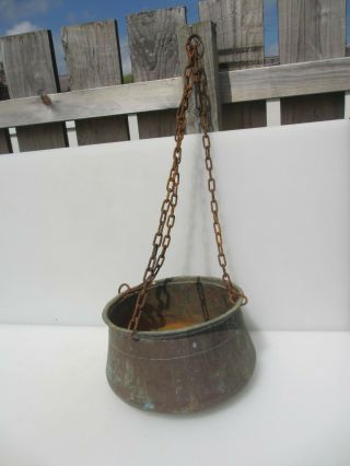 Antique Basket Hanging Pot Vintage Trough Planter Plant Pot Tub Iron Chain 14 " W