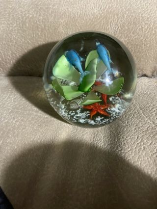 Dynasty Gallery Heirloom Art Glass Paperweight Around the World with Dolphins 3