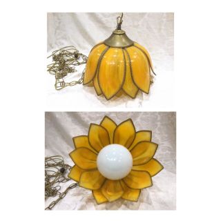 14” Retro Vintage Tulip Flower Petal Hanging Swag Lamp Faux Stained Glass Yellow