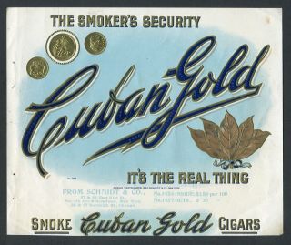 Old Cuban Gold Sample Cigar Label - Schmidt & Co.  - Very Scarce