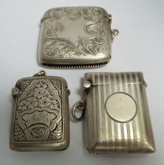 3 Decorative English Antique Sterling Silver Vesta Match Cases
