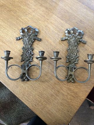Vintage Pair Ornate Heavy Brass French Bow & Horn Candle Wall Sconces Holders