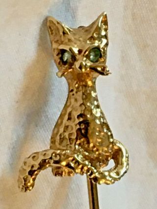 14k Solid Yellow Gold Cat Stick Pin With Emerald Eyes Vintage 1.  4 Grams - Meow