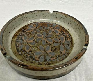 Vintage Otagiri Brown Speckled Blue Flowers Ceramic Stoneware Ashtray Mcm