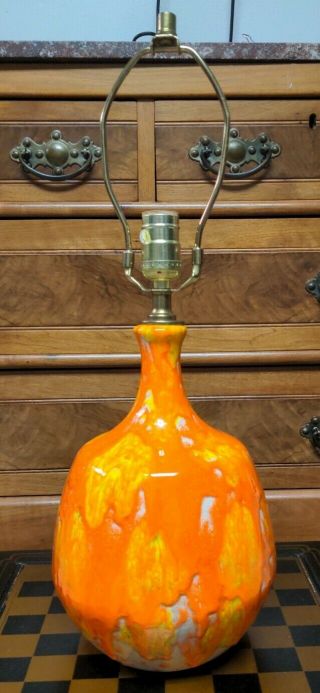 Mid - Century Modern Danish Orange/yellow Drip Glaze Table Lamp Rare