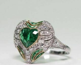 Art Deco 3.  45ct Green Emerald Antique Vintage 925 Silver Engagement Wedding Ring
